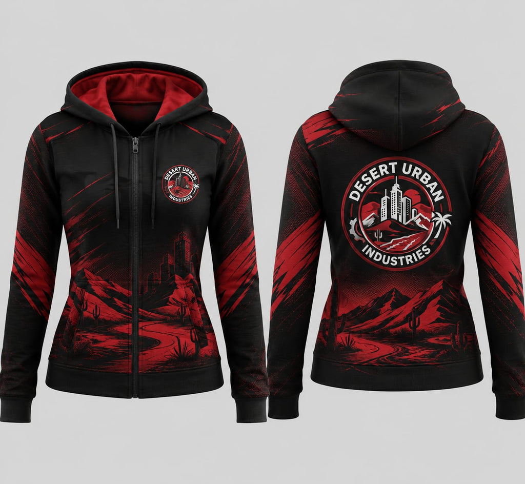 Desert Urban Industries Skyline Badge Zip-Up Hoodie — Crimson