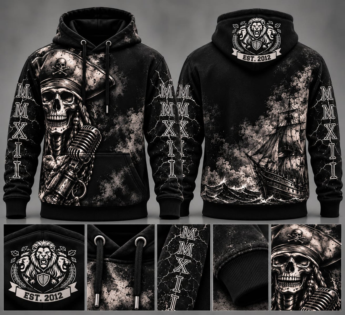 MMXII Skull & Ghost Ship Hoodie — Black