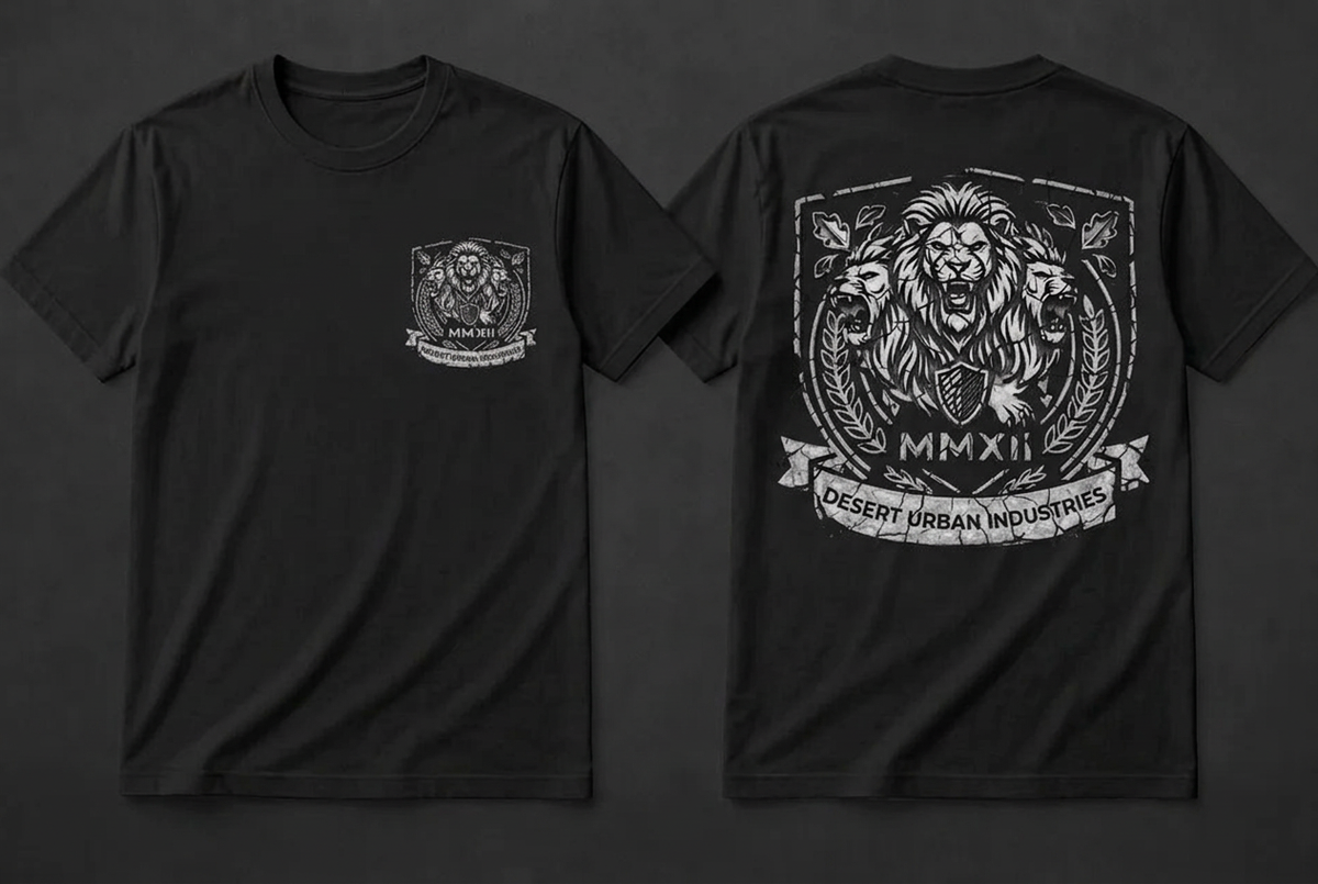 Black crest T-shirt, front and back