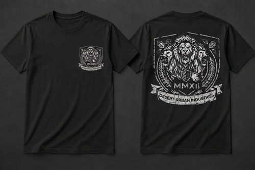 Black crest T-shirt, front and back