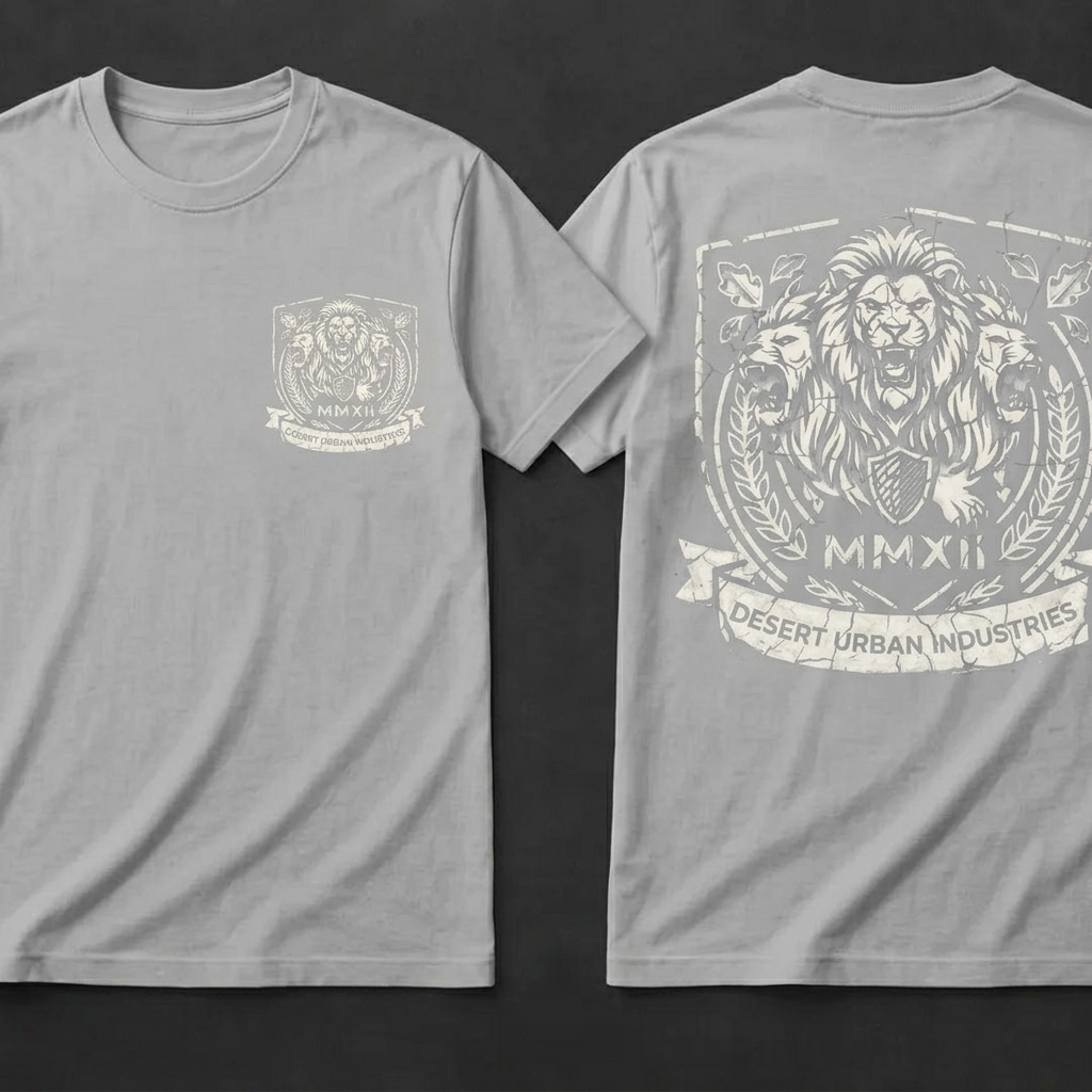 Light gray Desert Urban Industries t-shirt showing the small lion crest chest print on the front and the large three-lion MMXII crest on the back